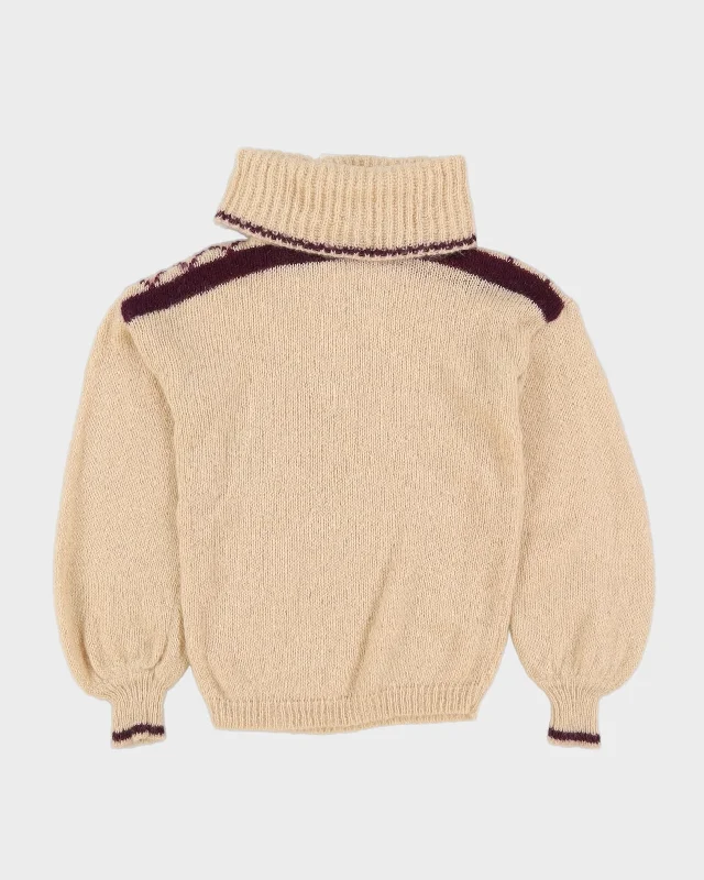 Vintage 1980s Beige Roll Neck Knitted Jumper - S Neon Metallic Matte