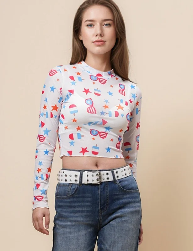 Ladies See Sheer Blouse Star Sunglasses Mesh Layring Top SKT4934 Double-Layered Blouse