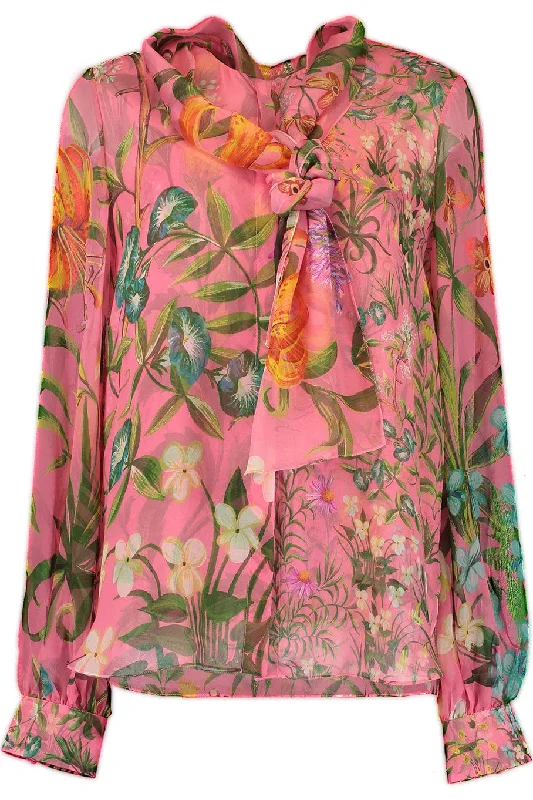 Floral Tap Silk Twill Tie Neck Blouse Chic Ruffle Blouse