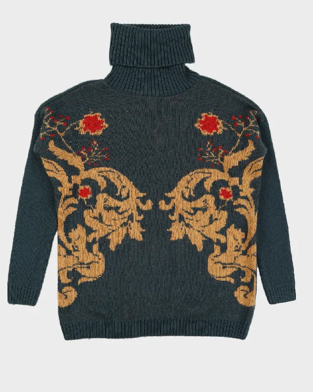 Green Patterned Roll Neck Knitted Jumper - XL Stylish Fashionable Trendy