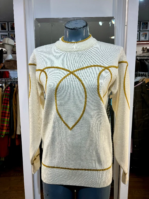 90’s Beige & Mustard Trim Design Crew Neck Sweater By Descente Anti-Pilling Anti-Shrink Durable 90’s Beige & Mustard Trim Design Crew Neck Sweater By Descente Anti-Pilling Anti-Shrink Durable