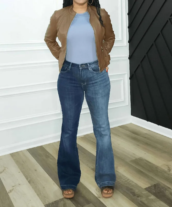 High Rise Two Tone Flare Jeans In Blue Trendy Low-Rise Bootcut Jeans