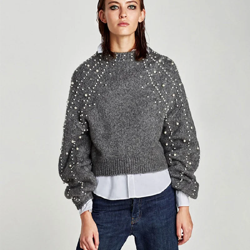 gray knitted boho sweater 2017 winter dot Pearl decoration lantern long sleeve loose hooded loose Hippie women sweater pullovers Cotton Fabric Linen Fabric Terry Fabric