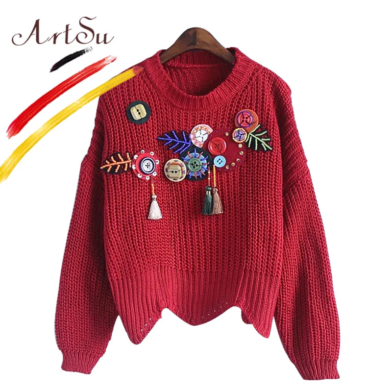 ArtSu 2017 Boho Vintage Knitted Sweater Pullover For Women Autumn Appliques Round Neck Long Sleeve Jumper Pull Femme ASSW20135 Turtle Neck Boat Neck Asymmetrical Neck