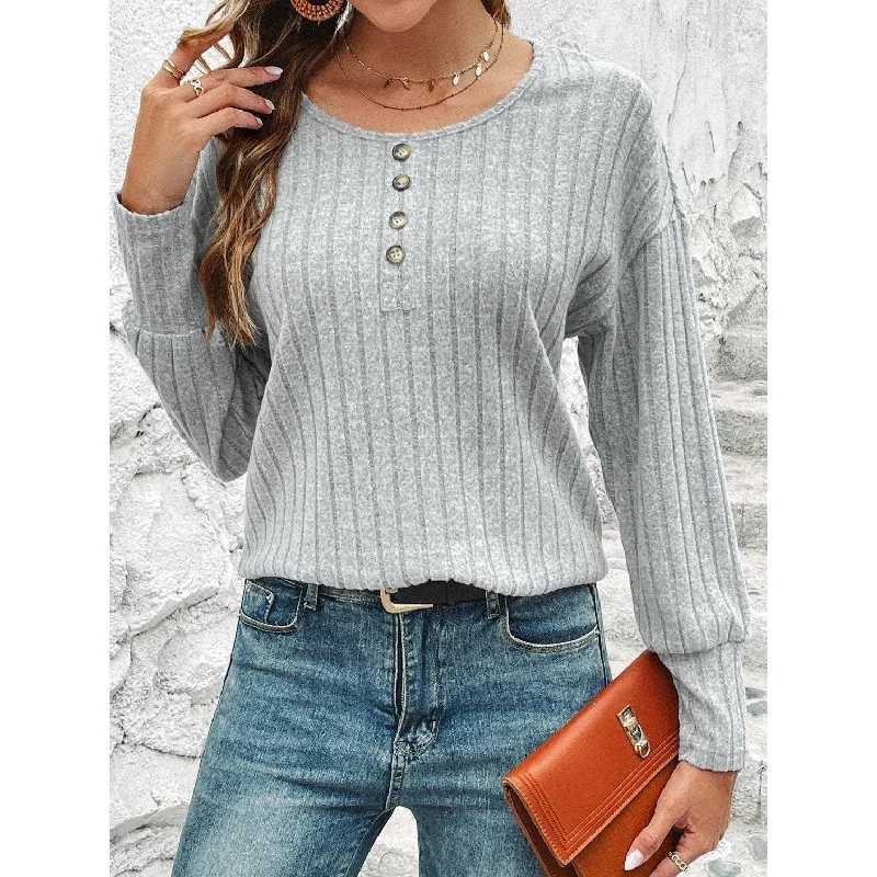 Round Neck Solid Color Button Women Blouse QX23683 Feminine Puff Blouse