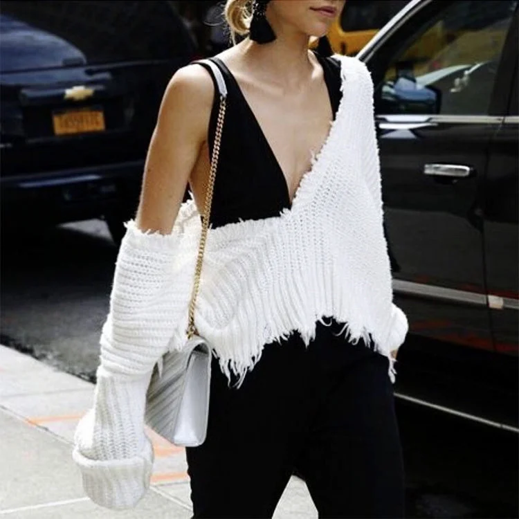 BOHO INSPIRED sexy white sweaters women V-neck long sleeve loose tassles hem jumpers female autumn winter pullover clothing 2017 Jersey Fabric Tulle Fabric Batik Fabric