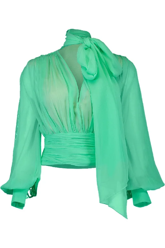 Long Sleeve Chiffon Tie Neck Blouse Casual Button Blouse