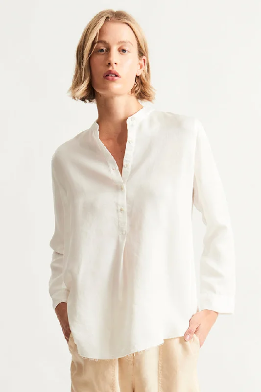 Silk Washed White Perfect Henley Blouse Ruffled Neck Blouse