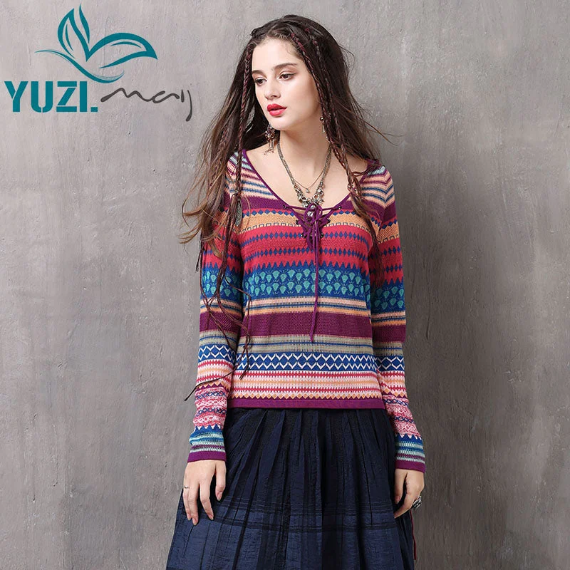 Sweater For Women 2017 Yuzi.may Boho New Cotton Wool Pullover V-Neck Long Sleeve Stripe Knitting Pullovers B9229 Lady's Sweaters Solid Color Striped Floral Print