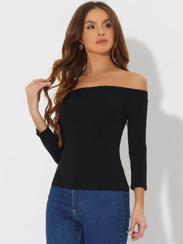 Off Shoulder 3/4 Sleeves Solid Color Casual Blouse Tops Vintage Polka Blouse