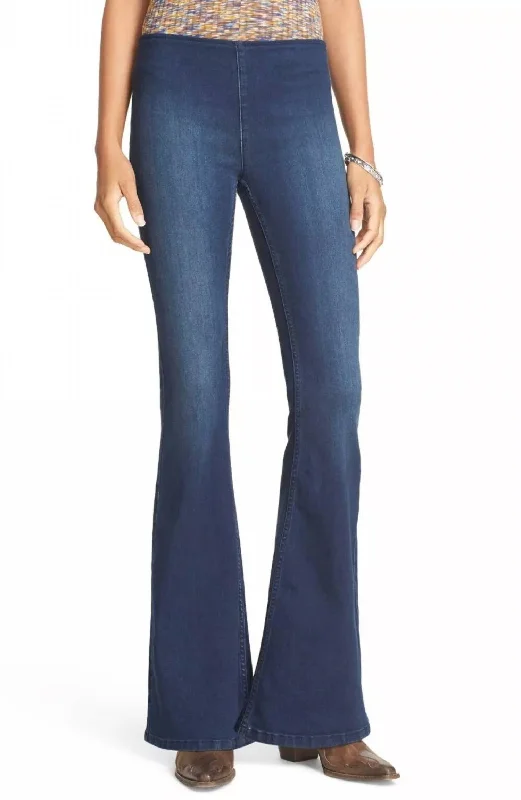 Women's Penny Pull-On Flare Jeans In Denim Blue Cozy Stretch High-Waist Jeans