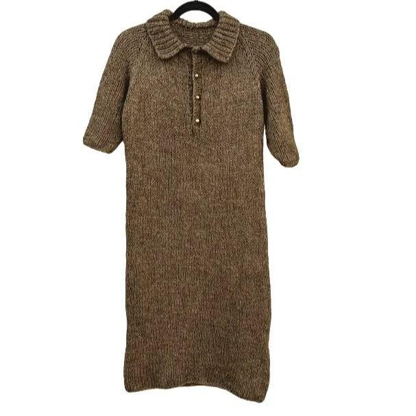 Polo Collar Vintage Boho 1/4 Button Knit Short Sleeve Sweater Dress - Women's L Polka Dot Checkered Tartan Polo Collar Vintage Boho 1/4 Button Knit Short Sleeve Sweater Dress - Women's L Polka Dot Checkered Tartan