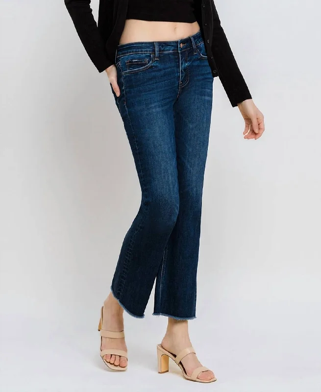 Mid Rise Raw Hem Kick Flare Jeans In Dark Wash Trendy Low-Rise Slim Jeans