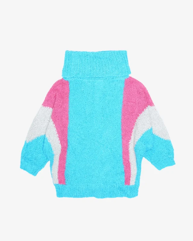 1980s Batwing Sleeve Block Colour Roll Neck Jumper Print Jacquard Patchwork