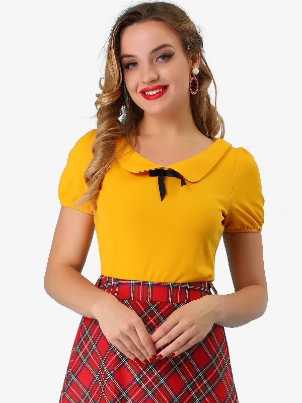 Bow Neck Solid Short Sleeve Peter Pan Collar Blouse Embroidered Cotton Blouse