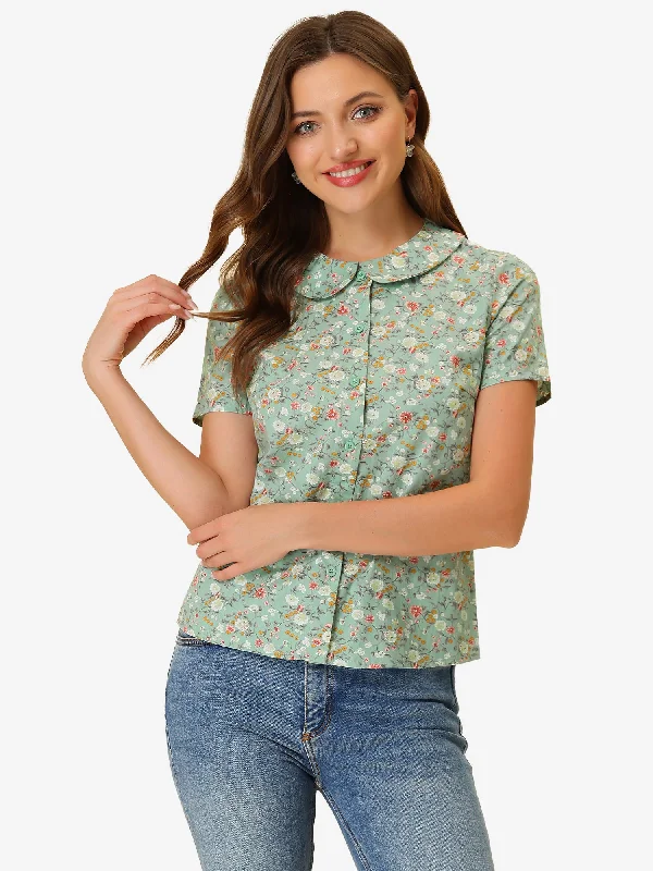 Summer Peter Pan Collar Button Front Vintage Floral Print Blouse Chic Square Blouse