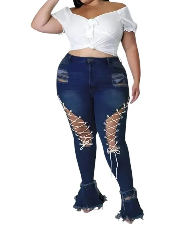 Lace Up Jeans In Dark Blue Fashionable Jeggings Style Jeans