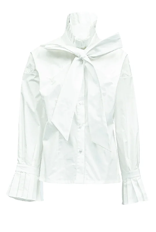Chelsea - Cotton Blouse W/ Pleated Collar & Long Bow Tie Playful Puff Blouse