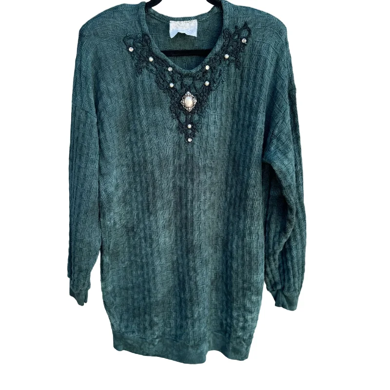 Vintage Womens Green Tie Dye Knit Embroidered Lace Pearl Cottage Granny Sweater XL Jersey Fabric Tulle Fabric Batik Fabric Vintage Womens Green Tie Dye Knit Embroidered Lace Pearl Cottage Granny Sweater XL Jersey Fabric Tulle Fabric Batik Fabric