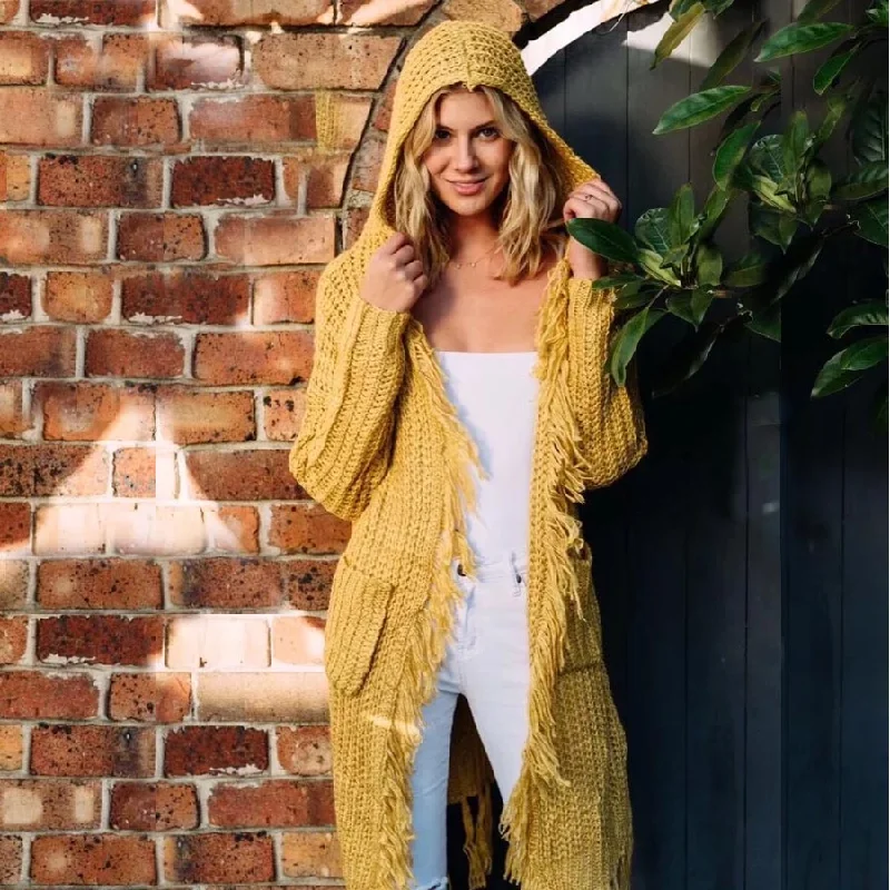 Yellow knitted boho sweater long cardigans 2017 chic winter long sleeve tassel decoration hooded loose Hippie women sweater coat Graphic Sweater Embroidered Appliqued