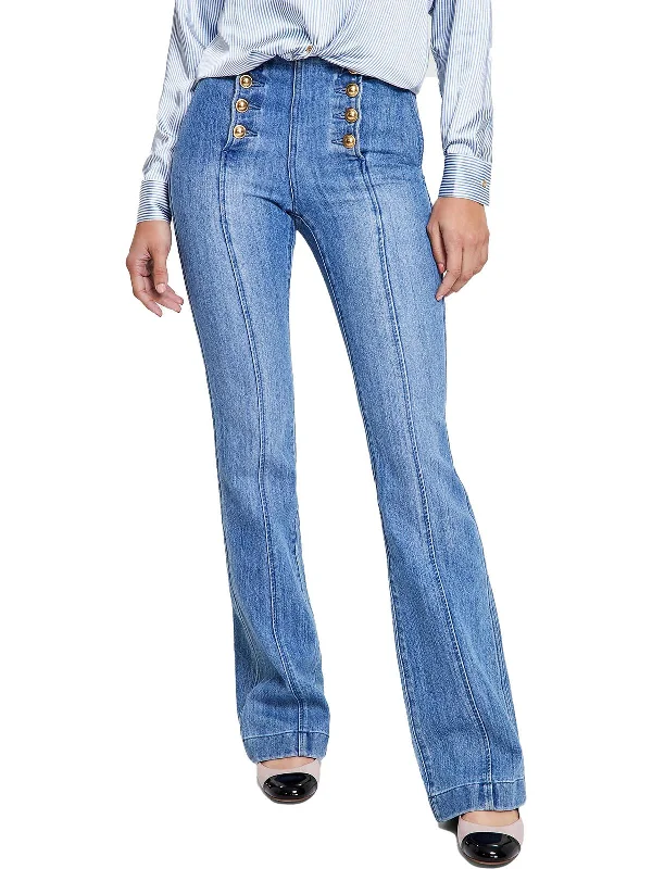 Womens Sailor Front Flared Leg Flare Jeans Trendy Button-Up High-Waist Jeans