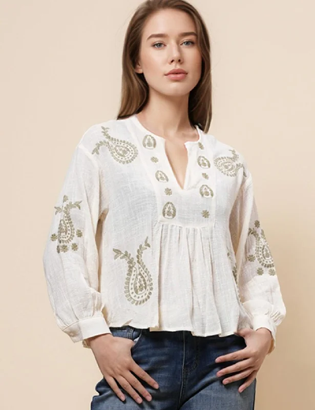 Ladies Casual Cotton Embroidery Blouse Shirt SKT4844 Feminine Tie Blouse