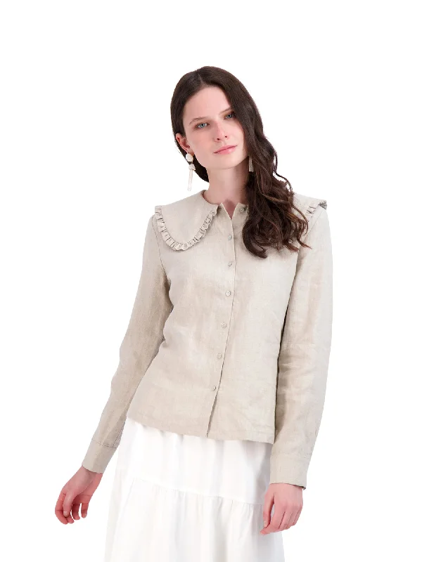 EUX Ruffle Collar Linen Blouse Collared Satin Blouse