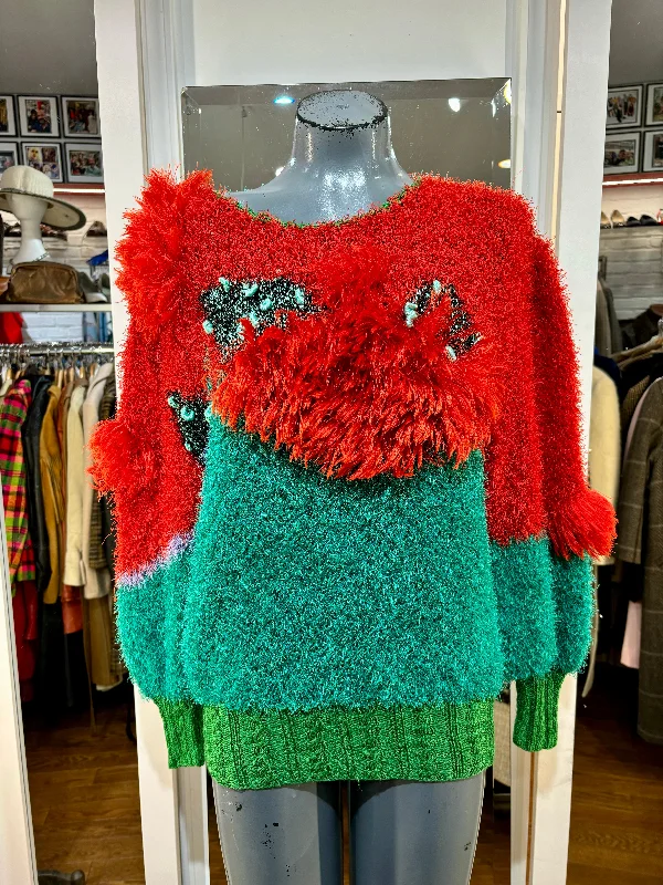 80’s Green & Red Holiday Sweater Handmade Hand-knitted Hand-woven