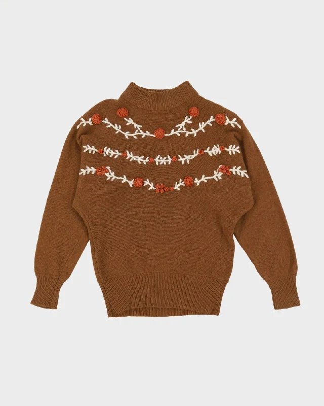 1980s Brown Patterned Batwing Knitted Jumper - M Boxy Sweater Fitted Sweater A-Line