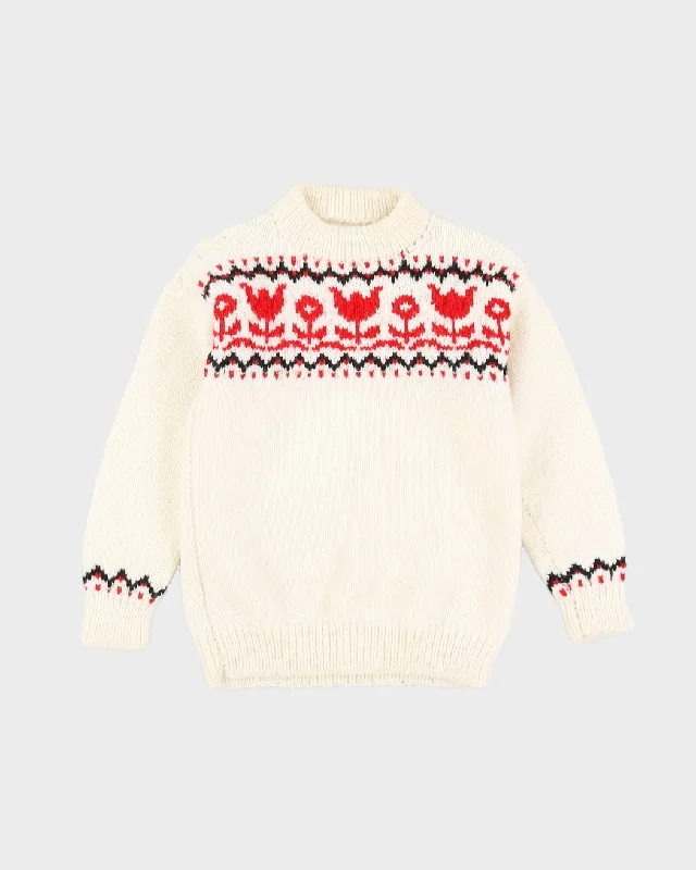 Vintage 1980s White Hand-Knitted Jumper - XS Ribbed Striped Patterned