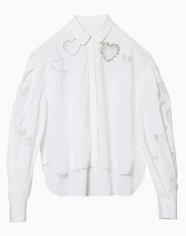 Heart Embroidered Round Collar Blouse Textured Cotton Blouse