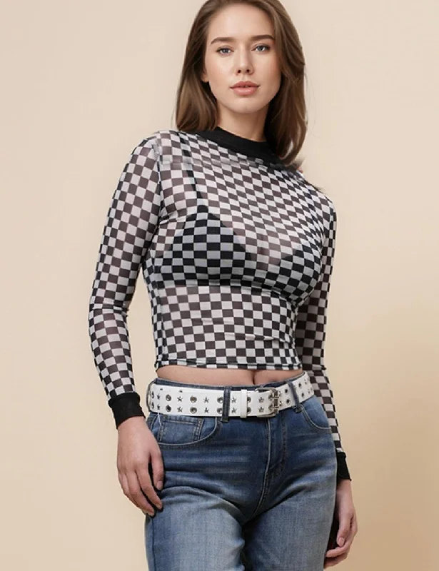 Ladies Color Block Mesh Blouse Grid Print See Sheer Layring Top SKT4938 High Neck Blouse