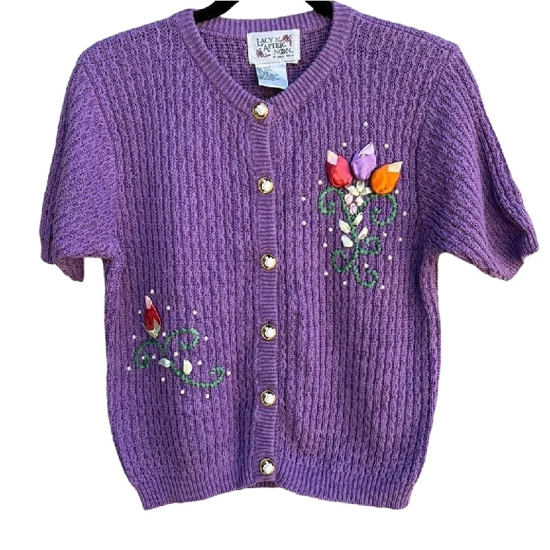 Lacy Afternoon Women's Purple Floral Embroidery Cottage Granny Cardigan Sweater Glossy Satin Silk Lacy Afternoon Women's Purple Floral Embroidery Cottage Granny Cardigan Sweater Glossy Satin Silk