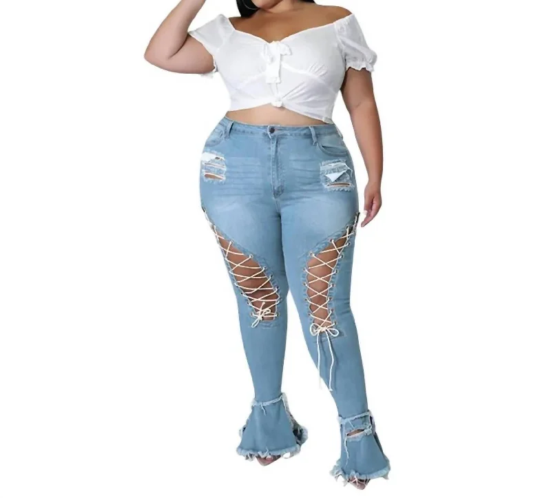 Lace Up Jeans In Medium Blue Fashionable White Denim Jeans