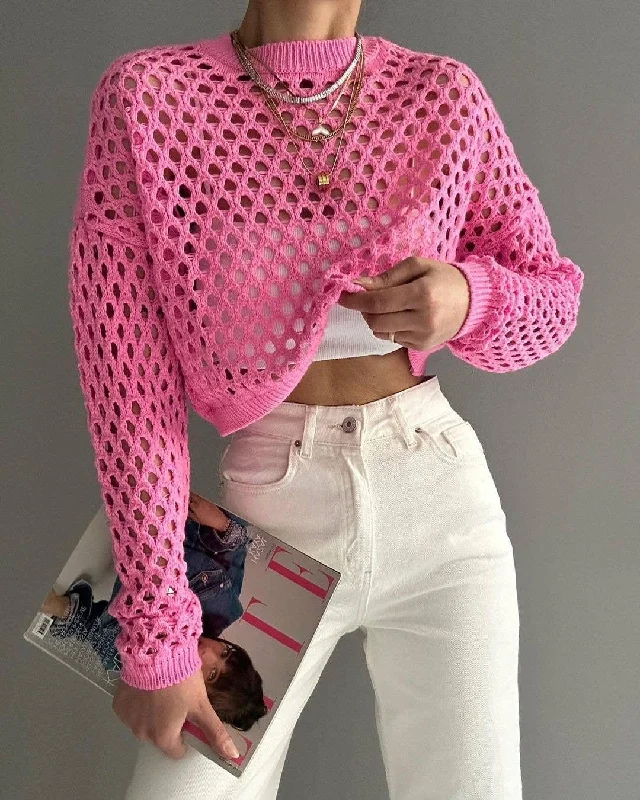 Ladies Long Sleeves Hollow Out Daily Knit Blouse MY8003 Semi-Sheer Blouse