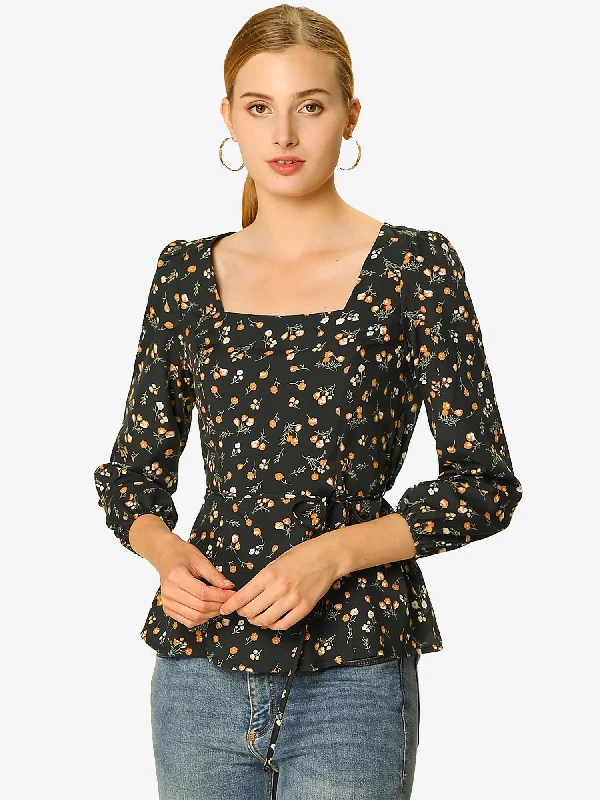 Floral Print Belted Waist Blouse Square Neck Vintage Peplum Top Elegant Peplum Blouse Floral Print Belted Waist Blouse Square Neck Vintage Peplum Top Elegant Peplum Blouse