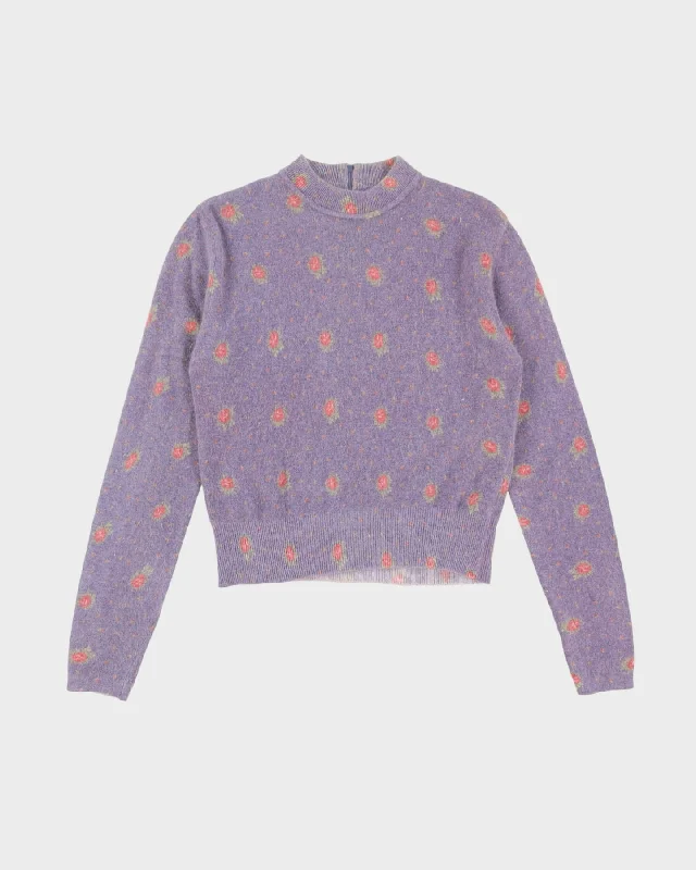 Vintage Lilac With Pink Roses Knitted Jumper - S Hooded Sweater Collared Sweater Shawl Collar