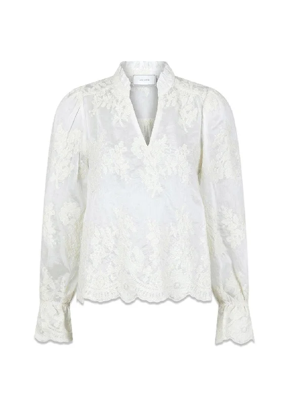 Amara Big Embroidery Blouse - Off White Silky Tunic Blouse