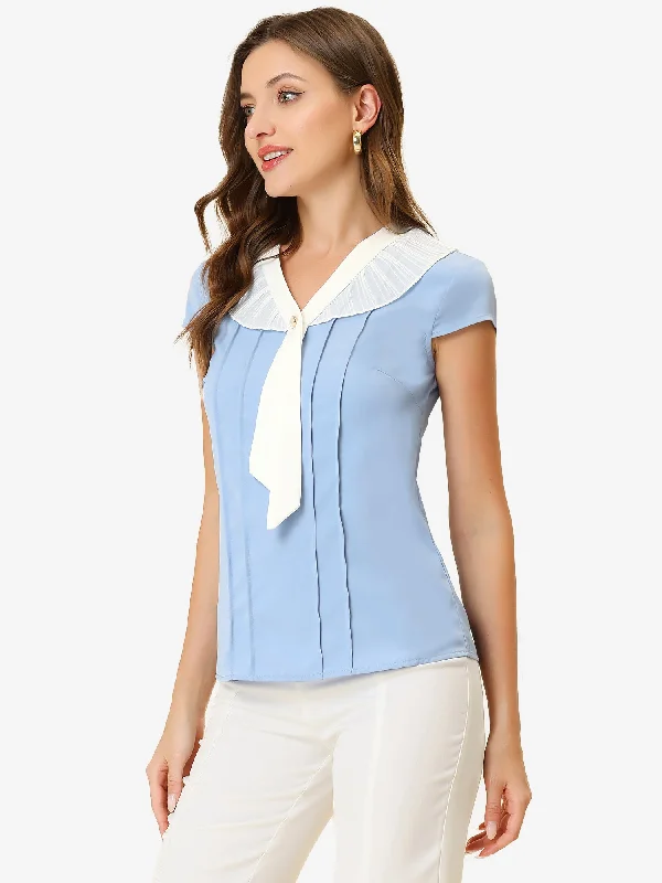 Elegant Cap Sleeve Tie Neck Pleated Work Office Blouse Gathered Detail Blouse