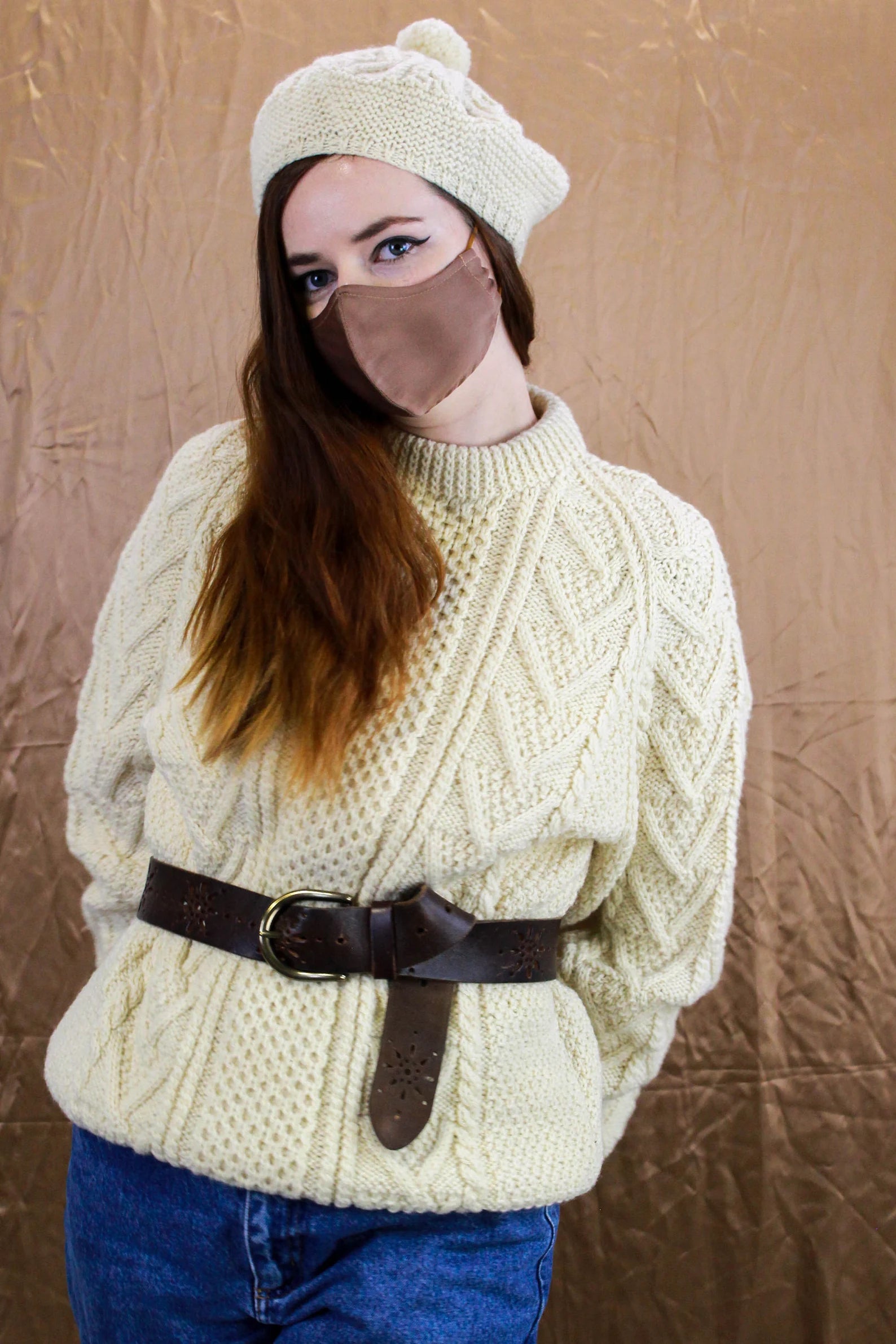 Vintage 1960s/70s Báinín Wool Aran Fisherman Sweater and Matching Knit Tam/ Beret, Hand Knit in Ireland, Carbery Bright Pastel Dark Vintage 1960s/70s Báinín Wool Aran Fisherman Sweater and Matching Knit Tam/ Beret, Hand Knit in Ireland, Carbery Bright Pastel Dark
