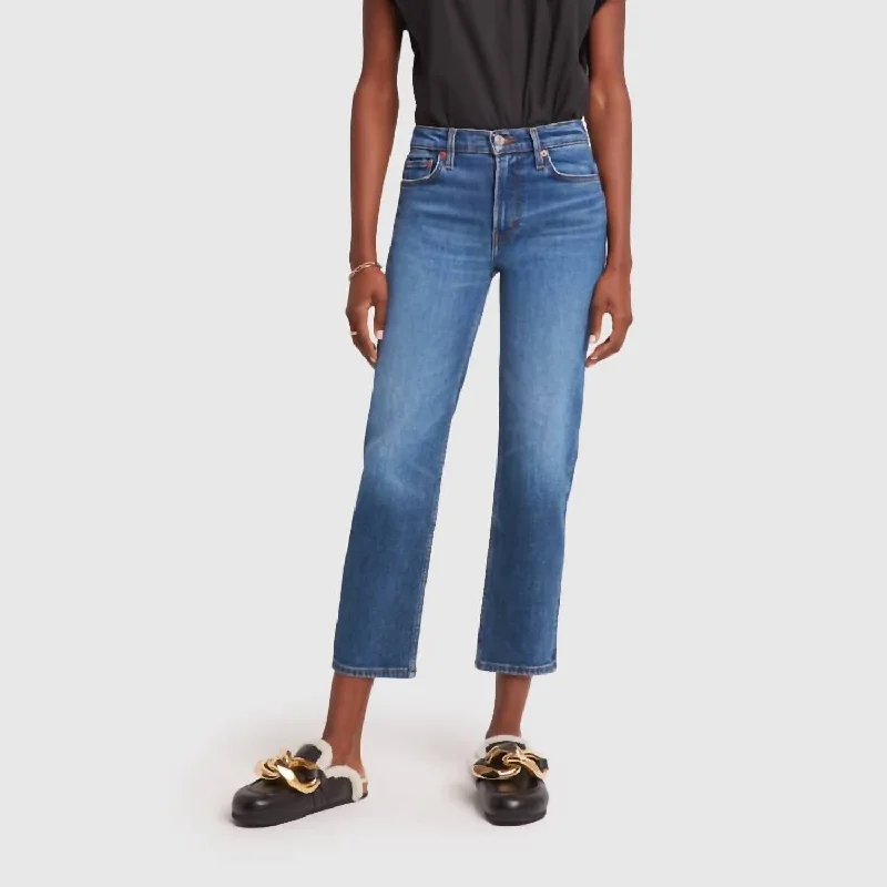 70S Mid Rise Stove Pipe Jean In Royal Fade Stylish High-Waisted Denim