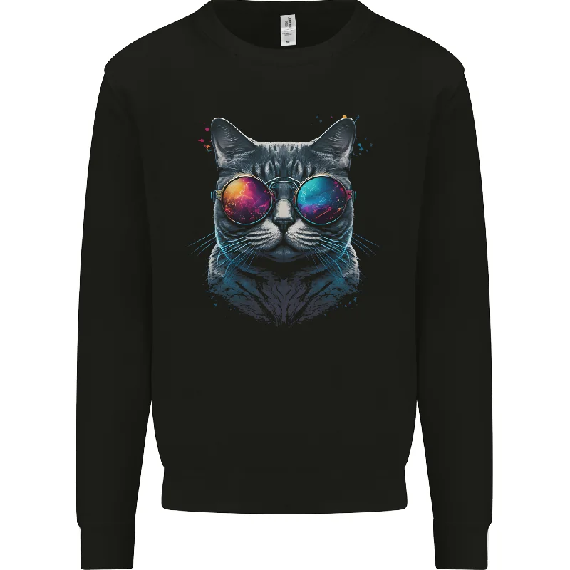 A Cool Cat With Cosmos Glasses Mens Sweatshirt Jumper Hoodie with Hem Applique Textured Unique A Cool Cat With Cosmos Glasses Mens Sweatshirt Jumper Hoodie with Hem Applique Textured Unique