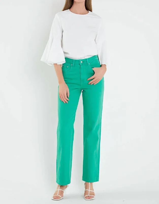 Wide Leg Jeans In Kelly Green Trendy Paperbag Waist Jeans