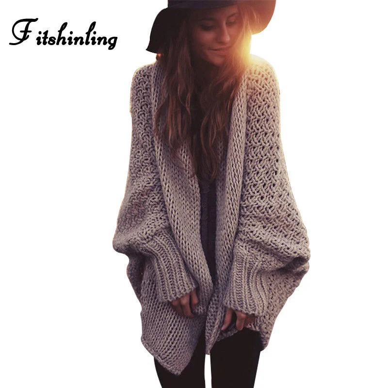 Fitshinling BOHO Winter cardigans for women oversize batwing sleeve sweaters long cardigan female knitted clothes khaki jackets Real Fur Shearling Chenille