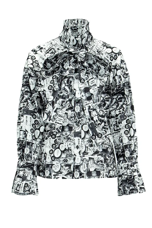 Chelsea - Cotton Blouse in  Comic Print W/ Pleated Collar & Long Bow Tie Elegant Silk Blouse