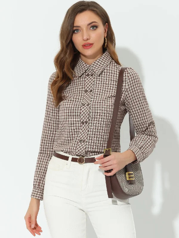 Plaid Button Down Shirt Long Sleeve Blouse Top Drape Neck Blouse