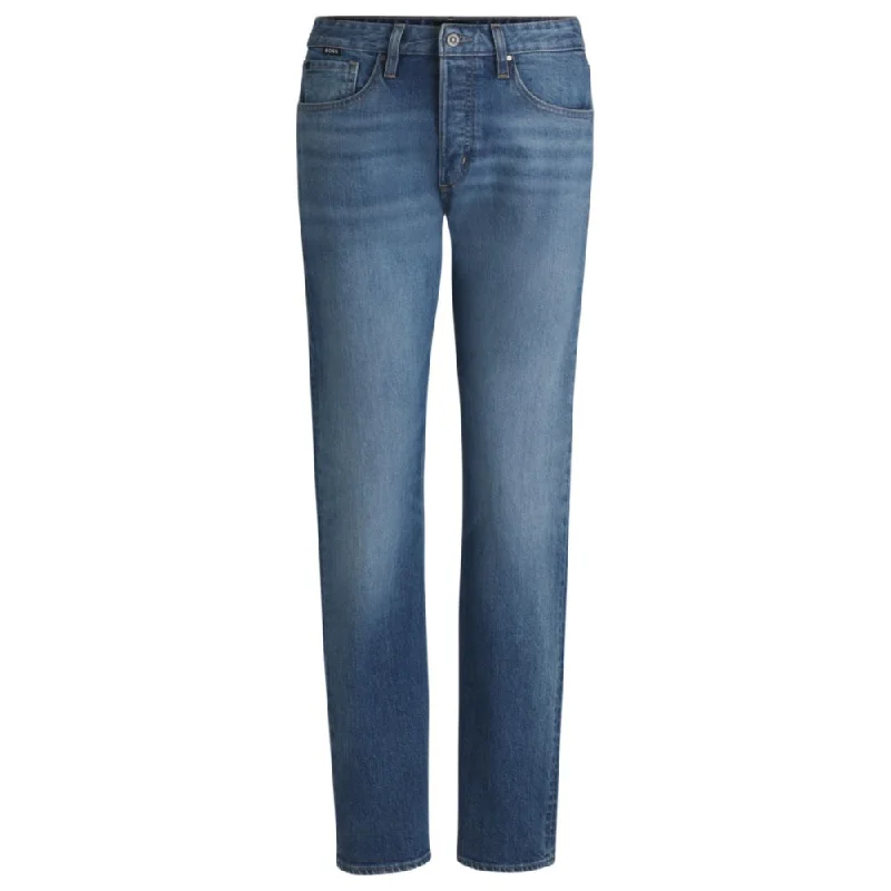Straight-fit jeans in faded-blue comfort-stretch denim Comfortable Folded Hem Jeans