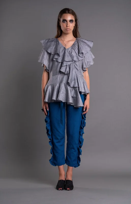 Asymmetric Ruffled Blouse - Dag Dai Silky Tunic Blouse