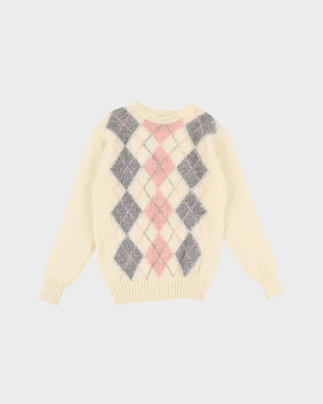 1980s Cream With Pink Diamond Patterned Knitted Jumper - XXS Terry Terry Cloth Terry Knit