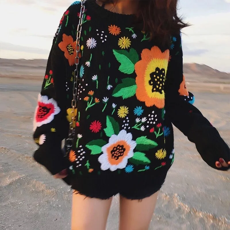 Boho Winter Sweater for Women Black Retro Vintage Runway Flowers Embroidery Sweater Warm Loose Knitted Jumper Womens Sweaters Mesh Sweater Canvas Denim